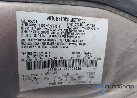 2006 Ford Taurus Se z USA, uszkodzony, nr VIN 1FAFP53U26A101826